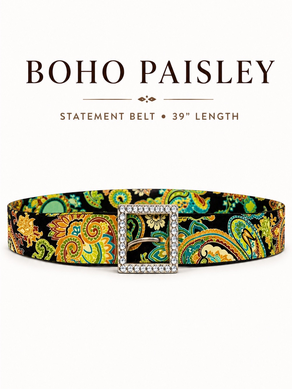 Boho Paisley Belt Rhinestone Buckle Statement Fabric Belt 39